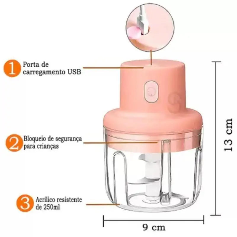 Mini Processador Elétrico de Alimentos 250ml Sem Fio e Recarregável