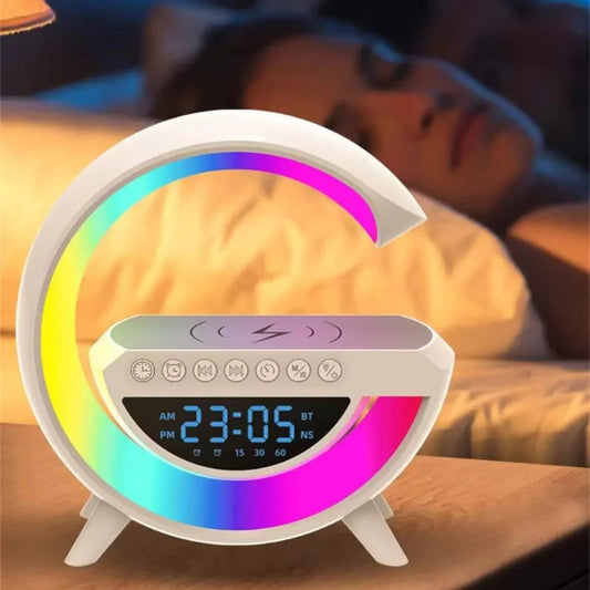 Lâmpada Bluetooth G-Speaker Smart com RGB, Carregador Sem Fio e Relógio Despertador