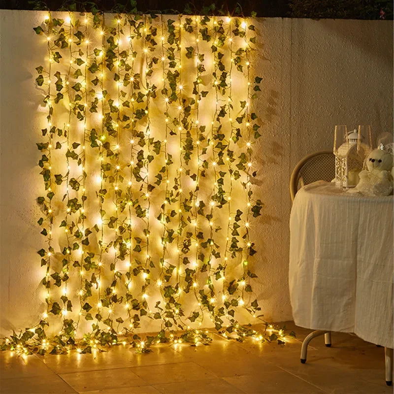 Luzes de Cordão com Flores e Folhas Verdes - Luzes de Vinha Artificiais para Decoração de Natal, Casamento e Ambientes