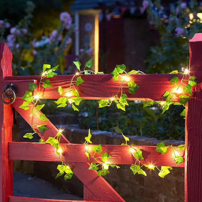 Luzes de Cordão com Flores e Folhas Verdes - Luzes de Vinha Artificiais para Decoração de Natal, Casamento e Ambientes