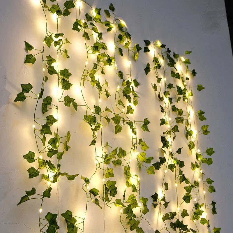 Luzes de Cordão com Flores e Folhas Verdes - Luzes de Vinha Artificiais para Decoração de Natal, Casamento e Ambientes