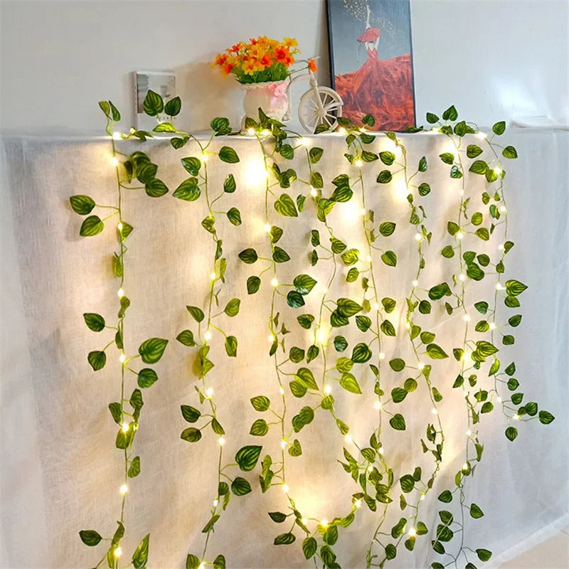 Luzes de Cordão com Flores e Folhas Verdes - Luzes de Vinha Artificiais para Decoração de Natal, Casamento e Ambientes